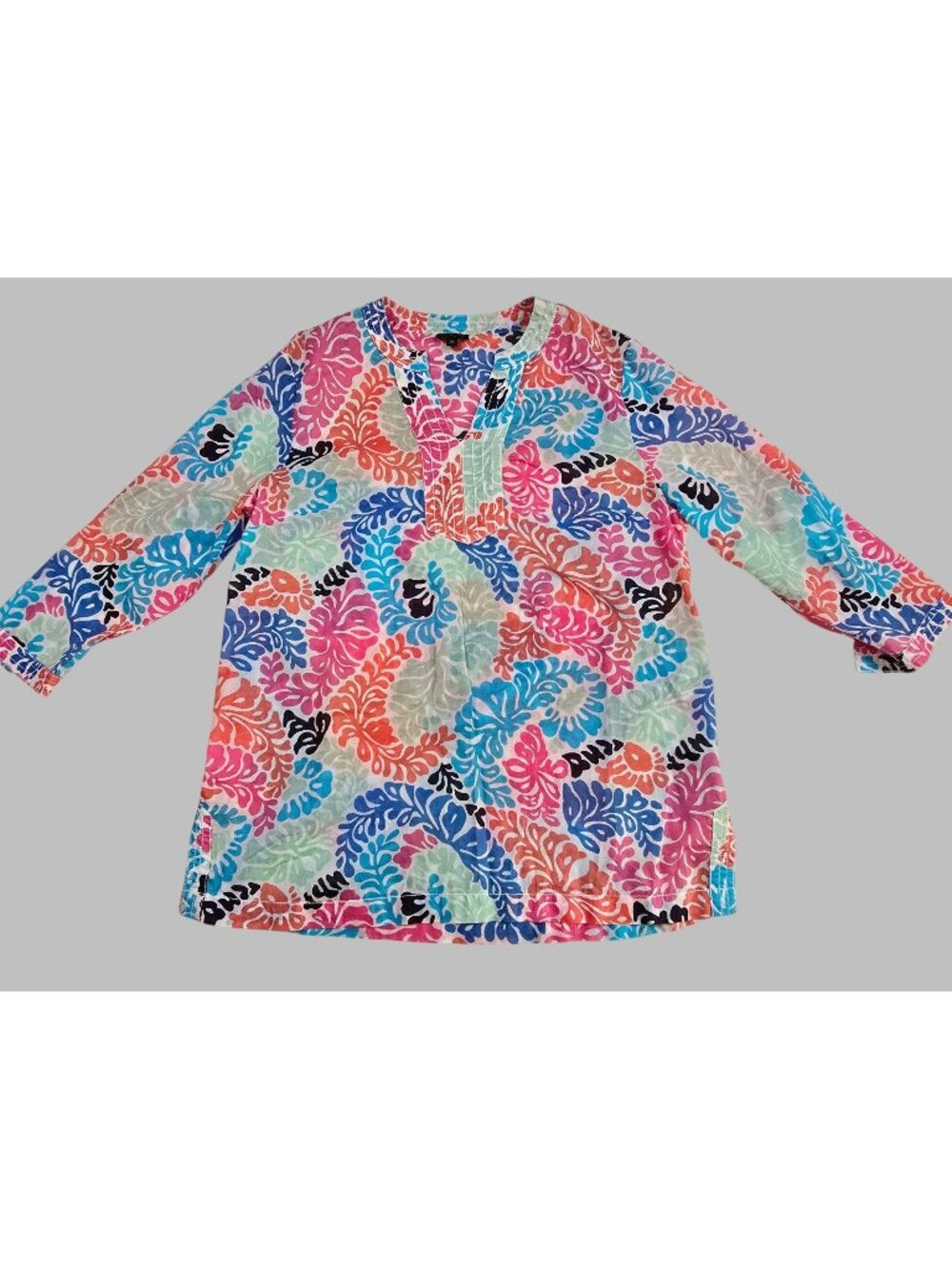 Talbots Petites Multicolor tropical Leaf Print Tunic Top Small 100% Cotton